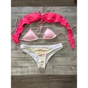 VictoriasSecret Bikini Set 3pk  Neon/light pink S tops  Ruffle Cheeky M Bottoms